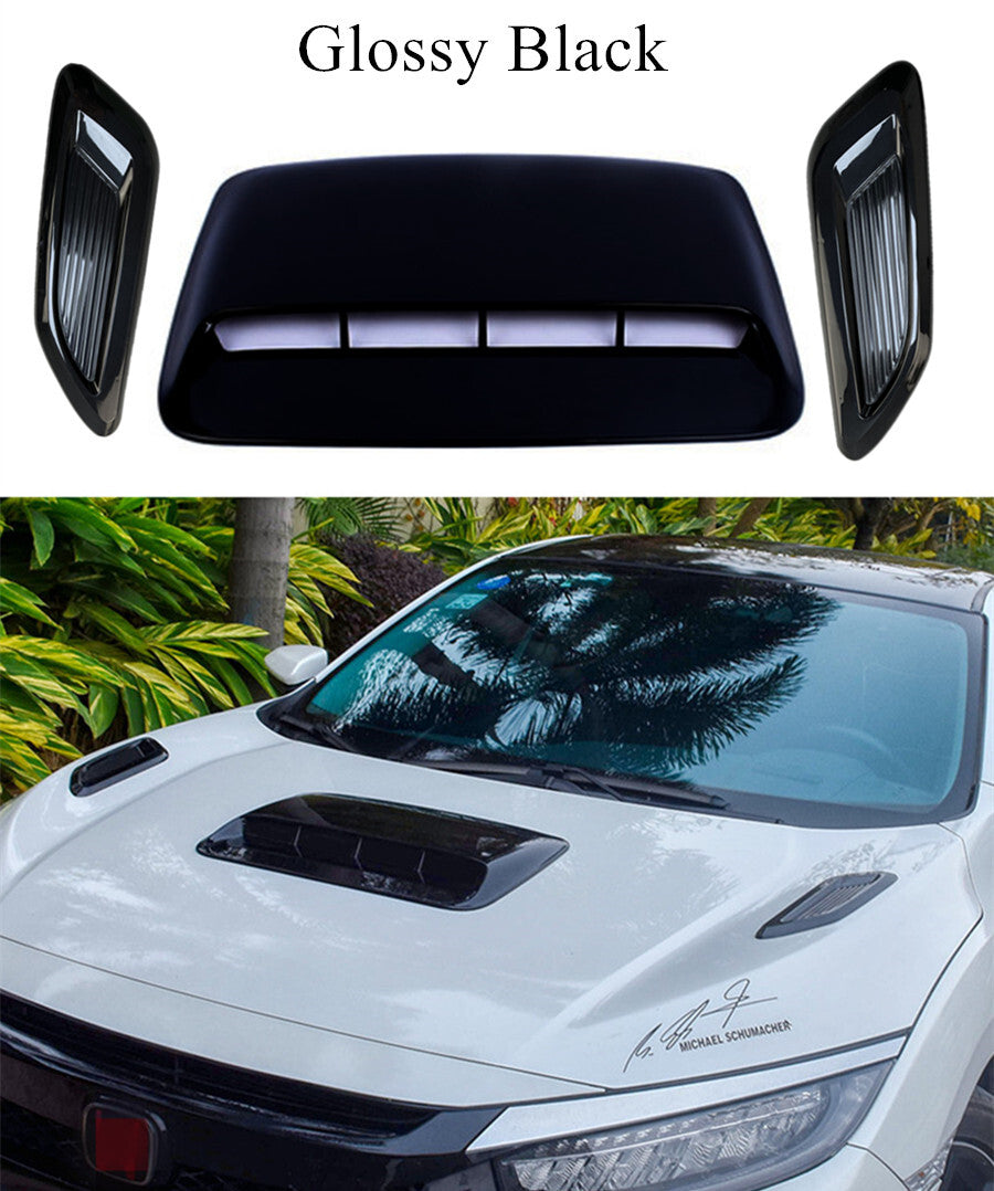 Universal Car Air Flow Intake Hood Scoop Vent Bonnet Glossy Black Cover Kit 3Pcs