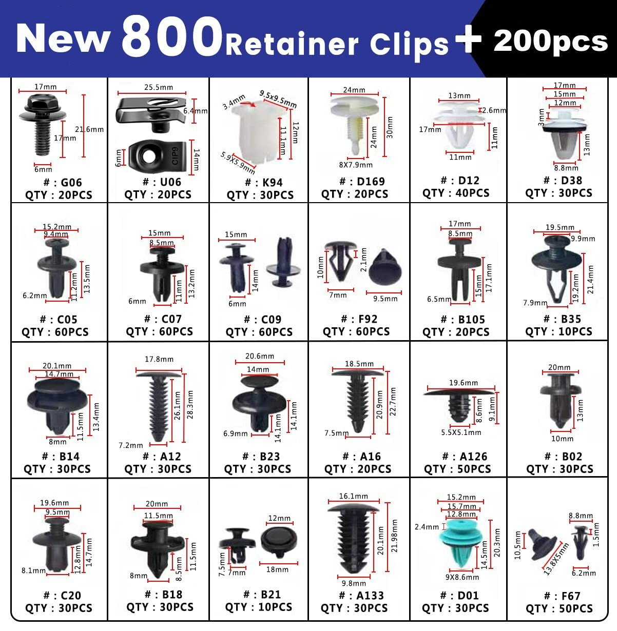 1000-piece set of automotive fixing clips, automatic fasteners, push-button decorative clips, pins, rivets, bumper kit