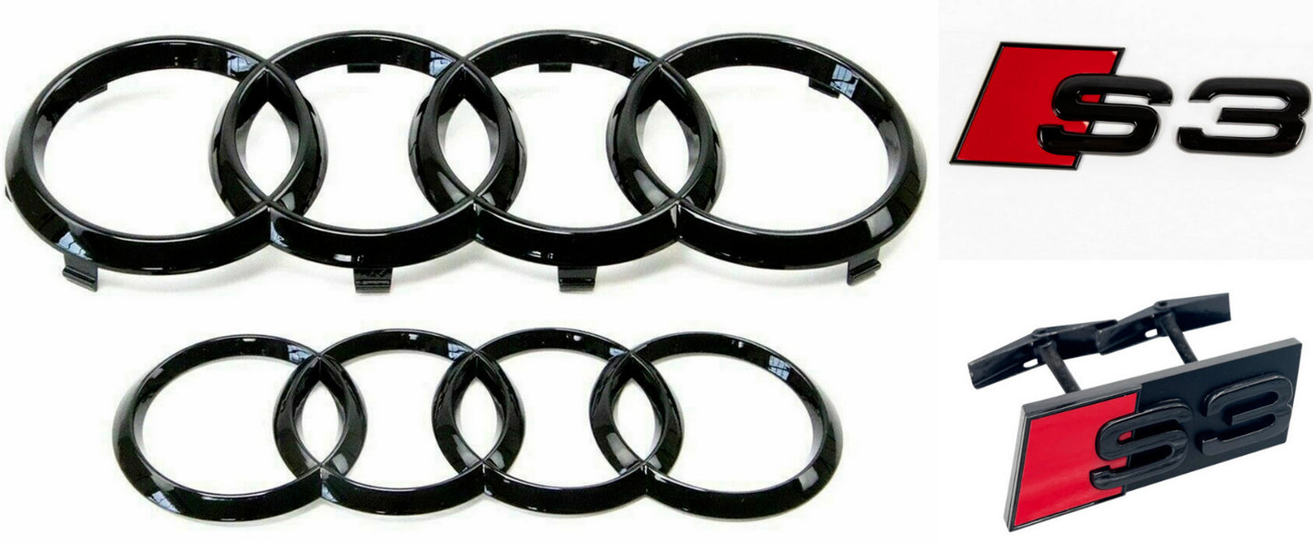 Suitable for Audi S3 car cover, rear ring, front grille badge, boot decal, gloss black