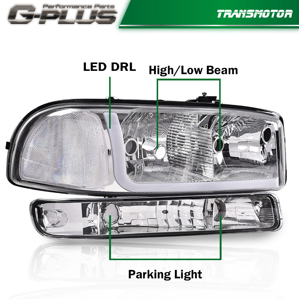 Suitable for 99-07 for GMC for Sierra 1500-3500 LED DRL chrome/clear headlights + bumper lights