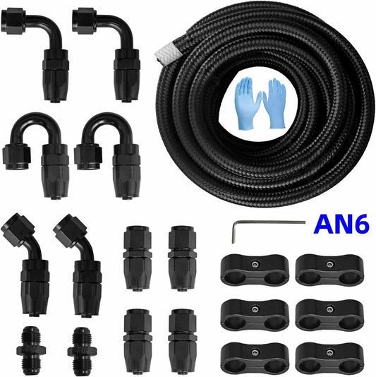 16ft 6A Black Nylon Braided Fuel Oil Hose Fuel Line 10-Piece 6AN Hose Fitting Kit