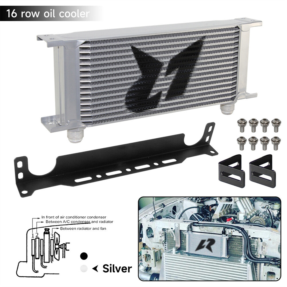 16 Row Stacked Plate Oil Cooler Aluminium AN10 Universal+Mounting Bracket Silver