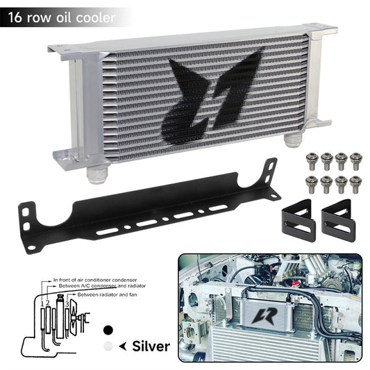 16 Row Stacked Plate Oil Cooler Aluminium AN10 Universal+Mounting Bracket Silver