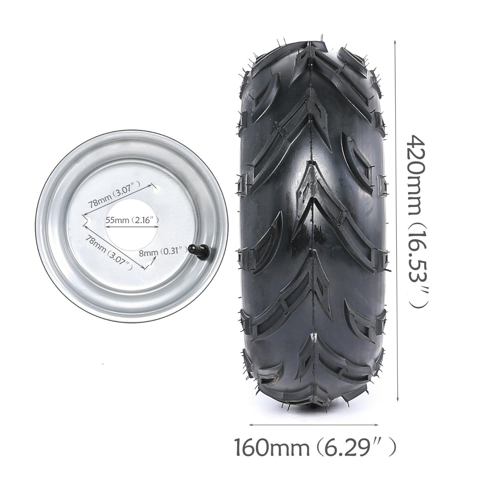 2-piece front 16x8-7 tire wheel with 3 lug nuts for 110cc/125cc all-terrain vehicles, 4-wheeled vehicles, and go-karts.